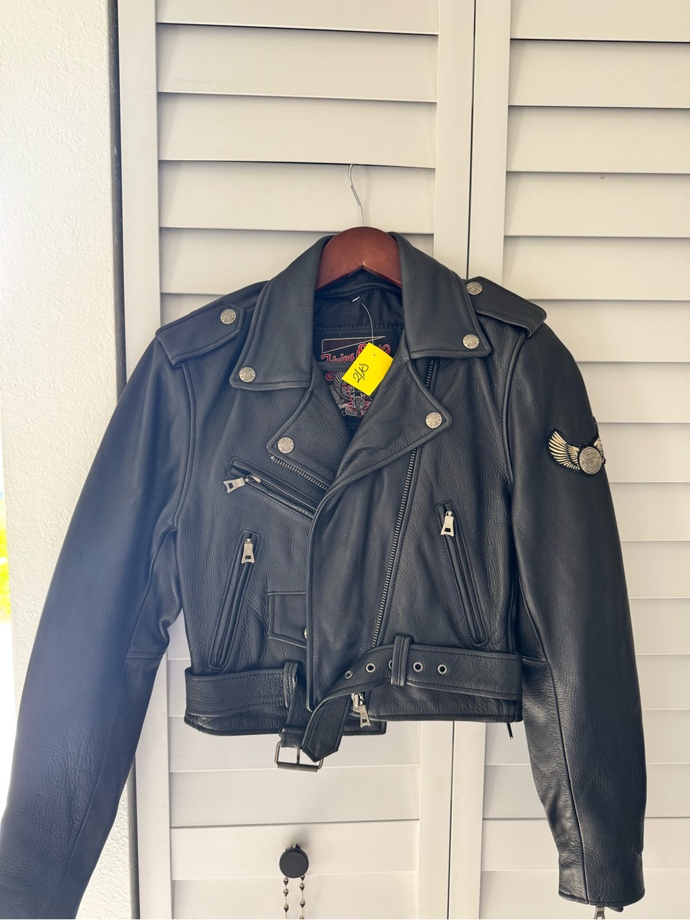 Black Leather Biker Jacket with Wing Patch